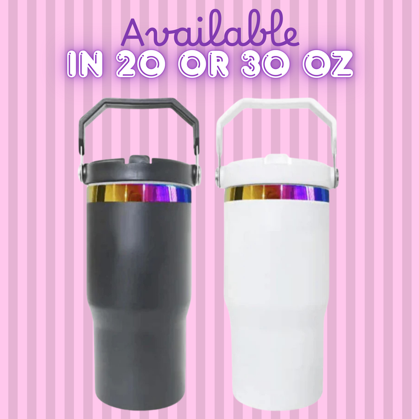 two stainless steel tumblers, one black and one white, against a pink striped background.