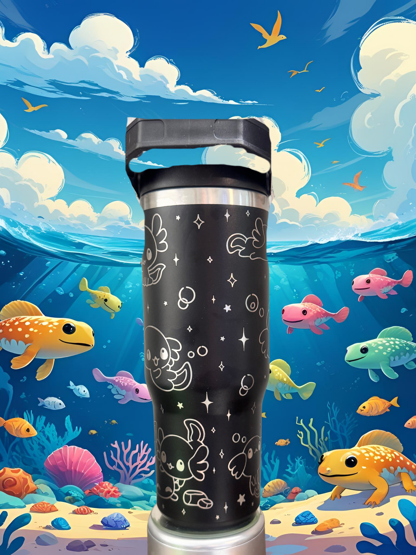 A black thermos with a whimsical design of fish and bubbles, set against a vibrant underwater scene with colorful fish swimming around.