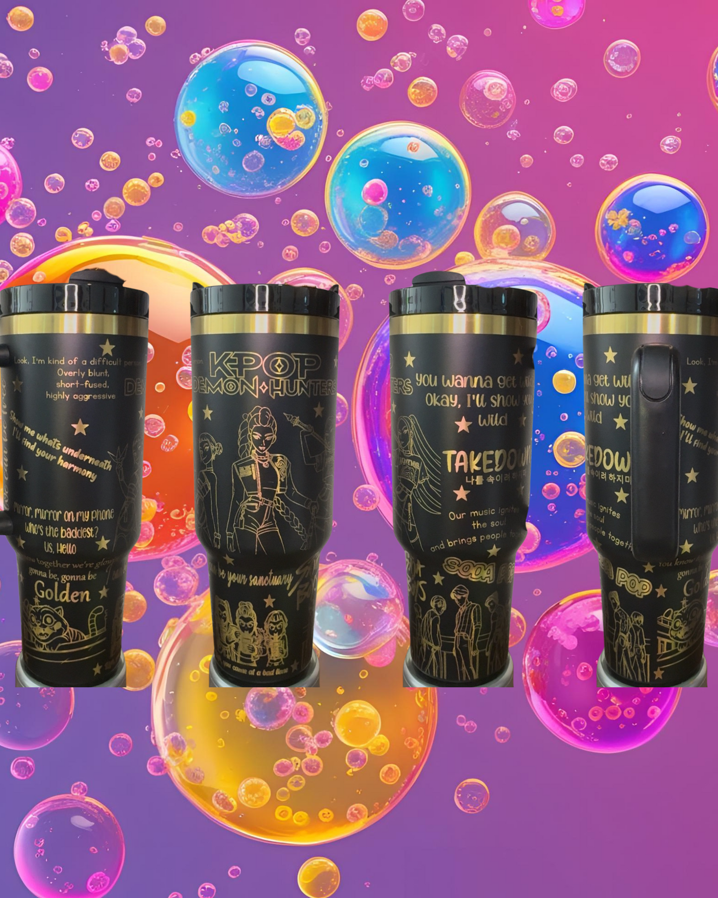 four black tumblers with gold designs and text on them, set against a background of colorful bubbles and bubbles.