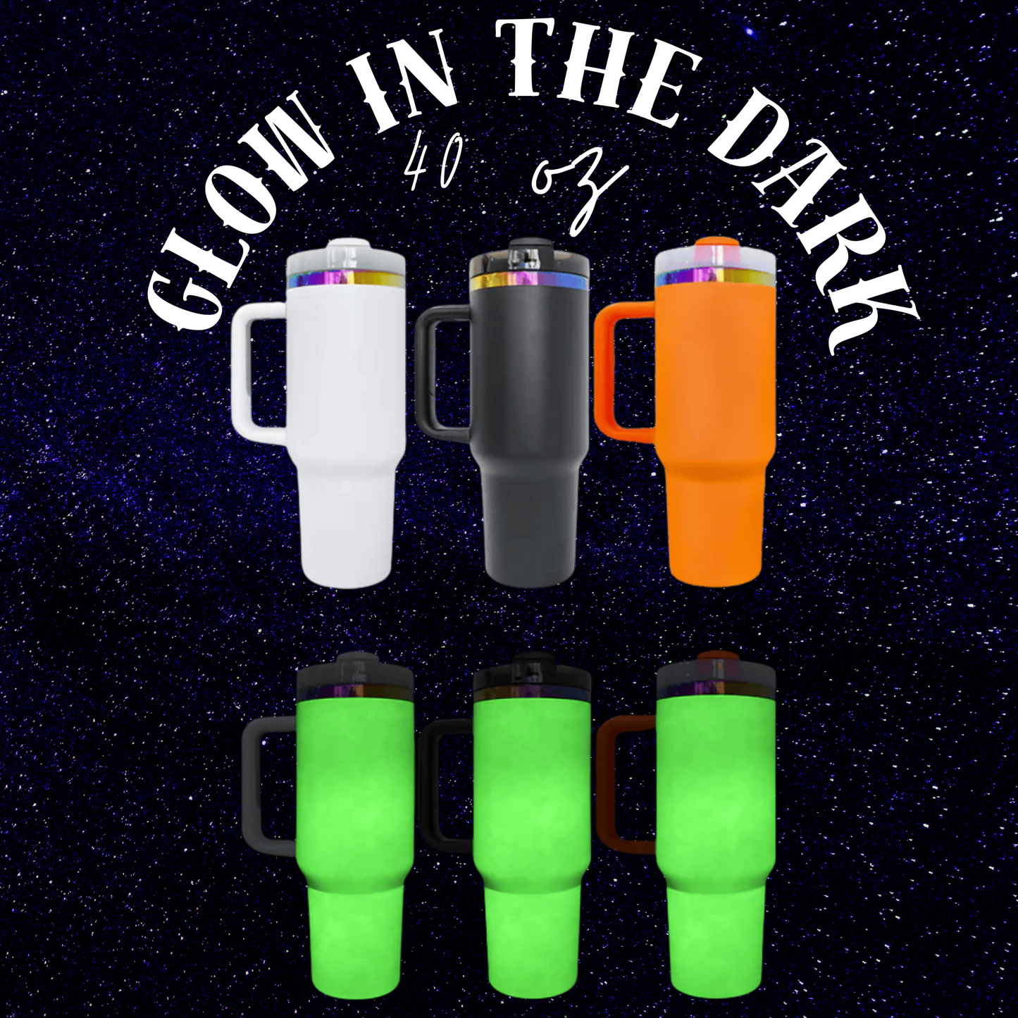 six colorful insulated tumblers, each with a unique color and design, arranged in a grid against a starry night sky background.
