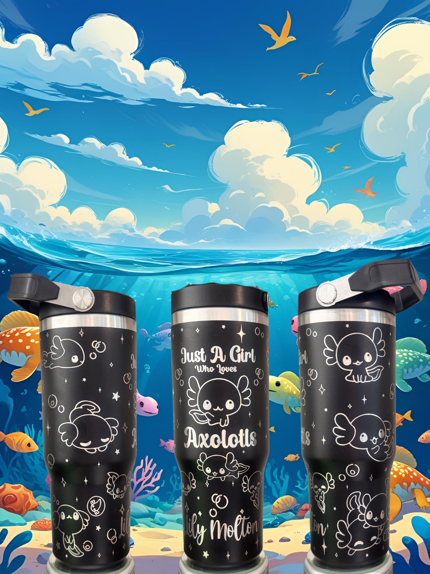 three black tumblers with white text and illustrations, set against a colorful underwater scene with various sea creatures and a cloudy sky.