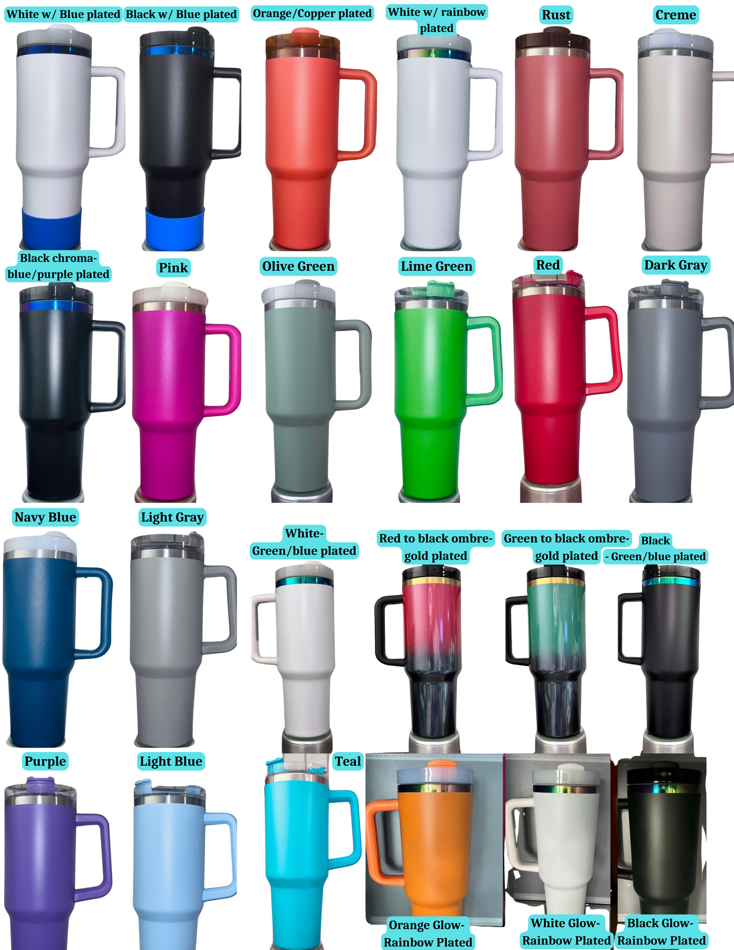 a collection of colorful tumblers or mugs, each with a unique color and design. The mugs are arranged in a grid format, showcasing a variety of colors and patterns.
