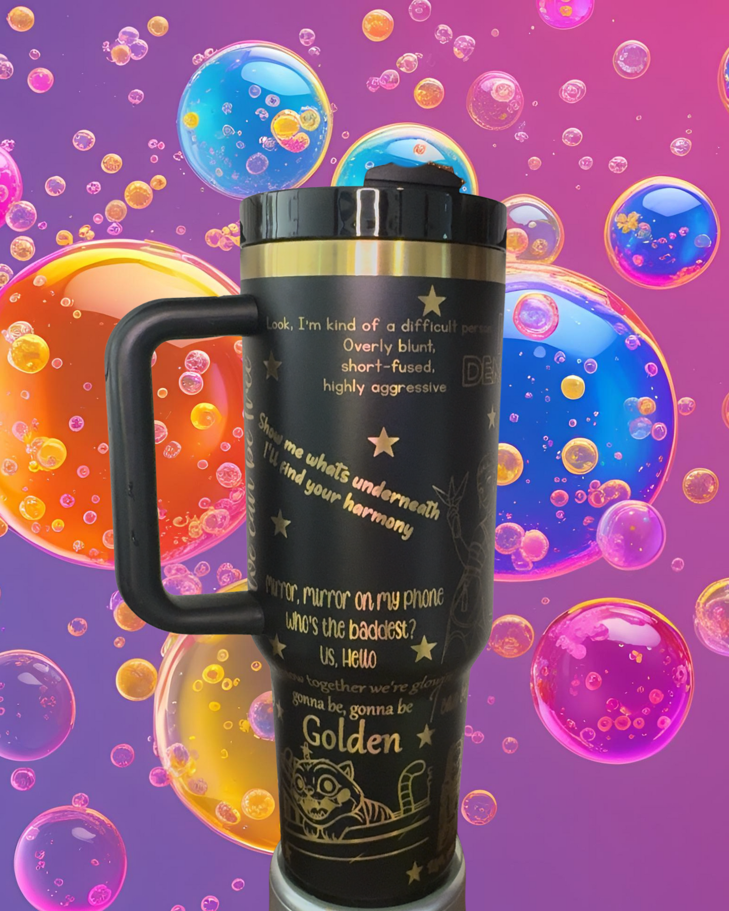 A black insulated tumbler mug with a handle, featuring various quotes and illustrations, including bubbles and a cartoon character, against a colorful background.