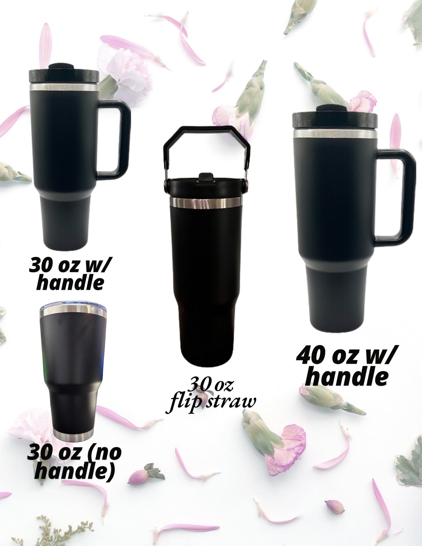 three black tumblers with different sizes and handles, along with text indicating the size and type of the tumbler.