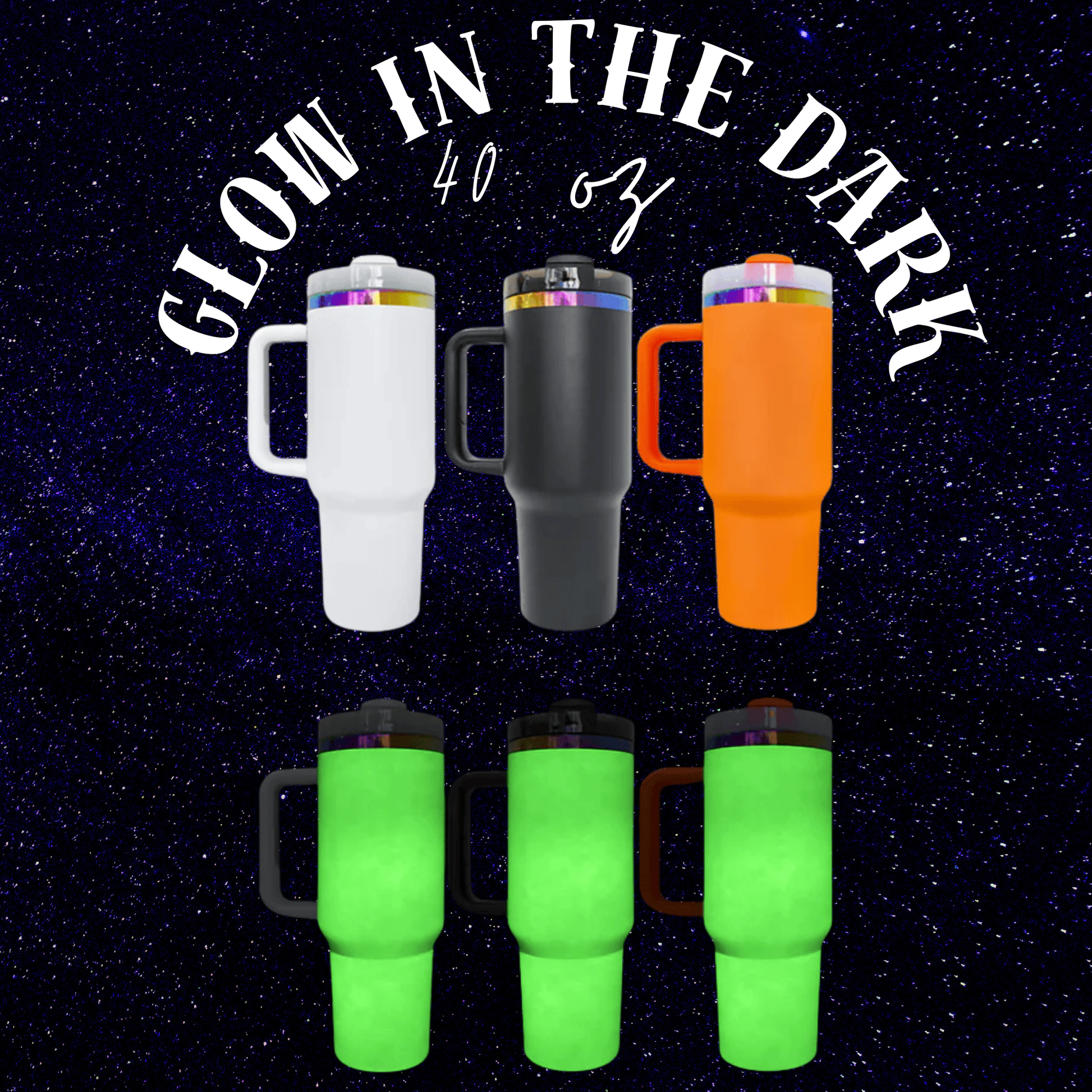 six colorful insulated tumblers, each with a unique color and design, arranged in a grid against a starry night sky background.